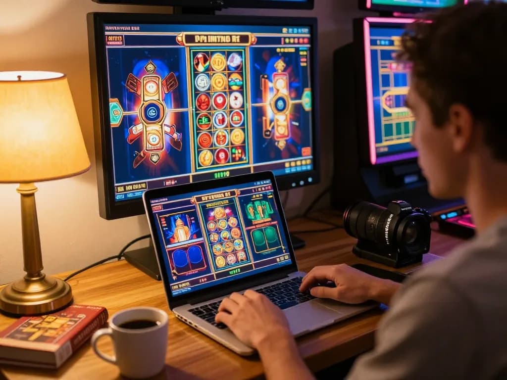Player experiencing thrilling slot90 gameplay on a laptop with cozy home settings, emphasizing strategic entertainment.