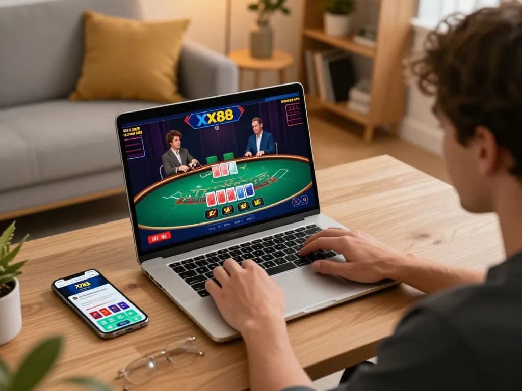Player immersed in an XX88 online casino game on laptop, enjoying a strategic blackjack session in a cozy home setting