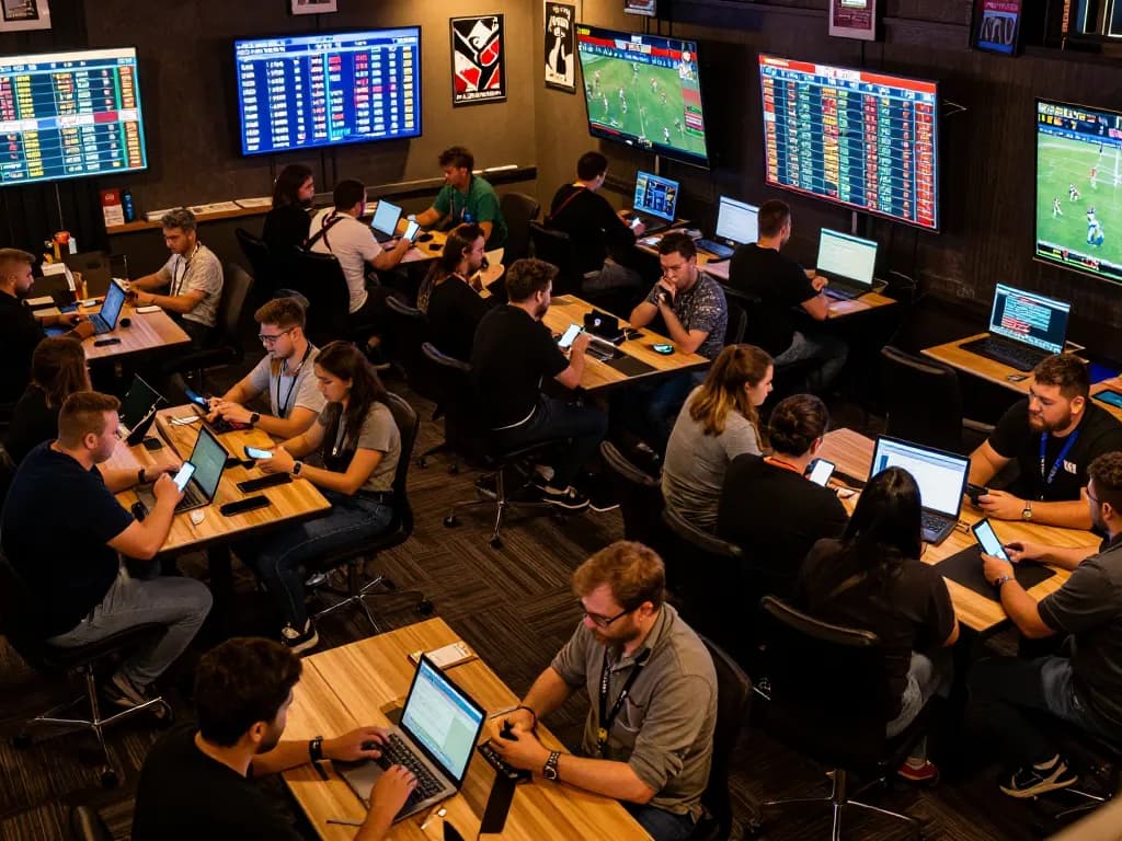 Soi kèo sports betting atmosphere with engaged players reviewing odds and strategies.