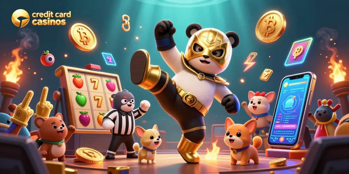 Experience thrilling action at credit card casinos with vibrant 3D panda wrestler and games elements.