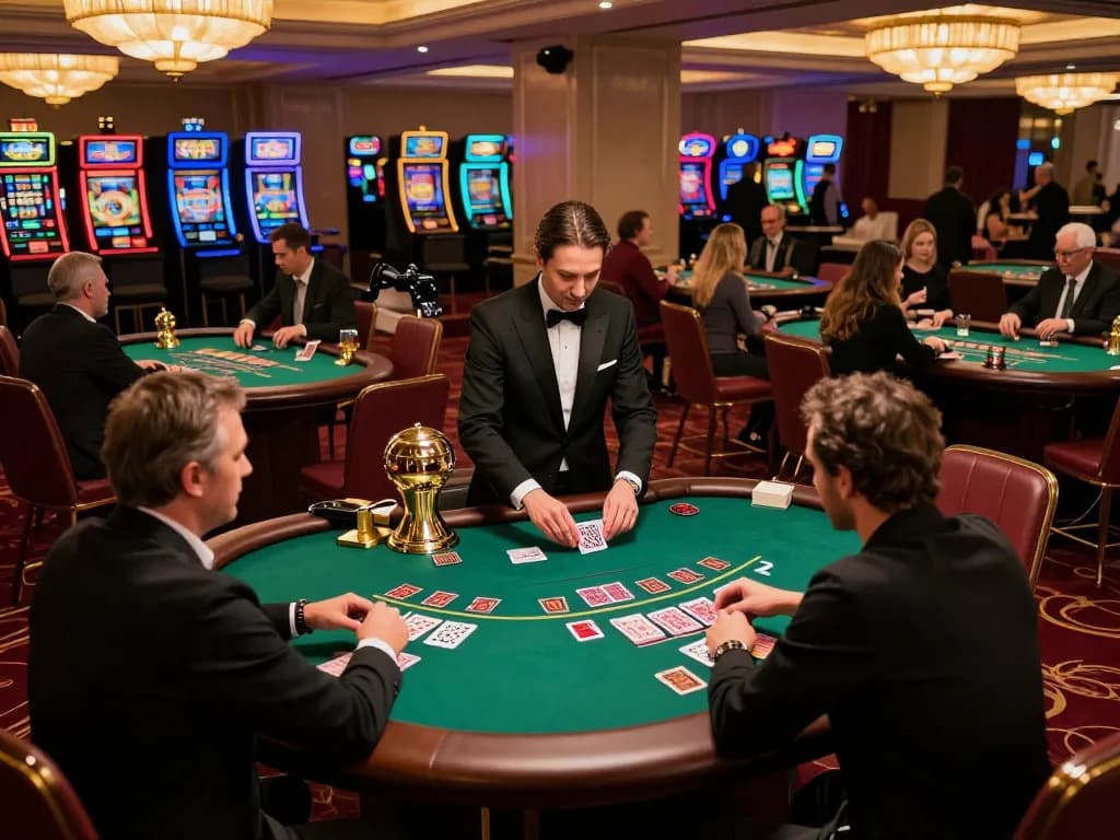 Players at a GO88 blackjack table strategizing their moves amid a vibrant casino atmosphere.