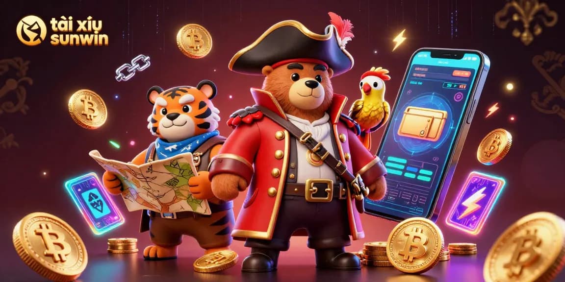 Engage in tài xỉu sunwin action with a vibrant 3D casino scene featuring cartoon characters and crypto elements.