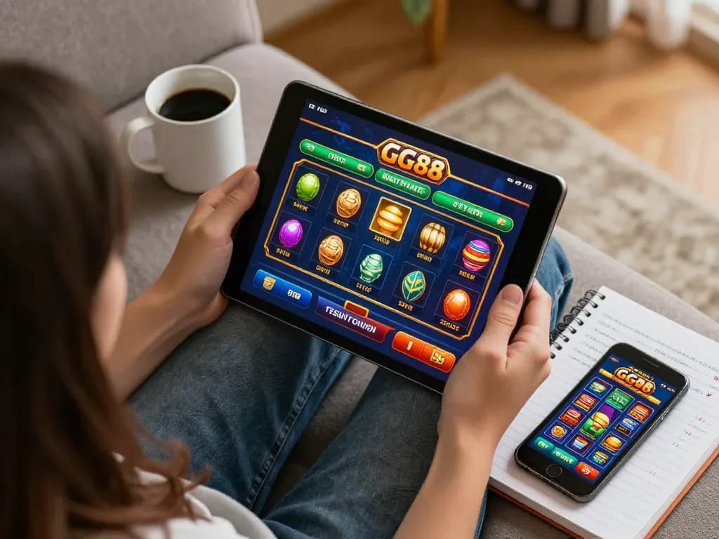 Player engaging with GG88 online casino app on a tablet, combining strategy and leisure in a cozy environment.