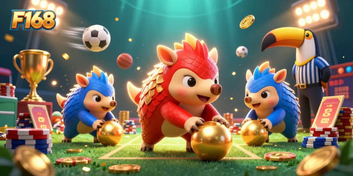F168 pangolins compete in a dazzling casino scene with sports elements and dynamic energy.