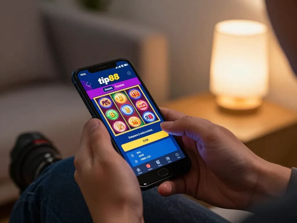 Player enjoying mobile gaming with tip88 app, showcasing vibrant casino slots and betting options in a cozy atmosphere.