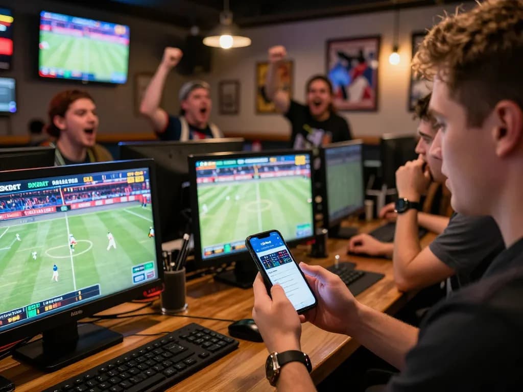 Engaged users placing bets on 8xbet app while cheering for live sports events in a vibrant sports bar setting