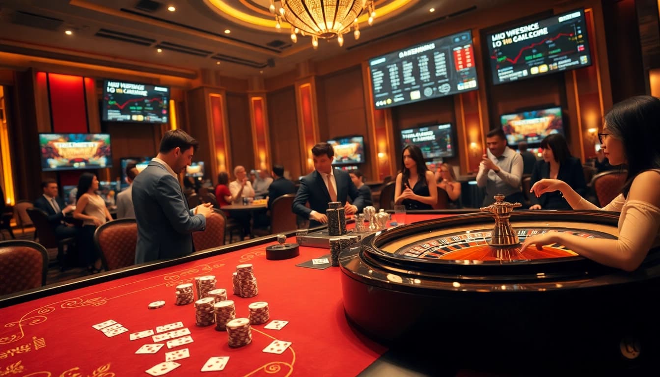 Engaging in nhận định kèo nhà cái at a glamorous casino table with poker chips and cards.