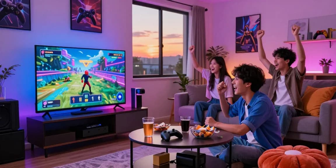 Exciting scene of a group enjoying game bài đổi thưởng in a modern living room, highlighting social gaming atmosphere.
