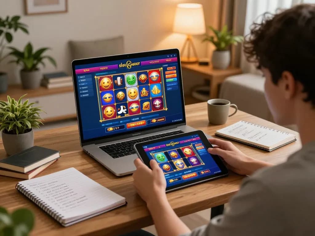 Player engaged in situs slot gacor gaming on a tablet, showcasing vibrant online interface