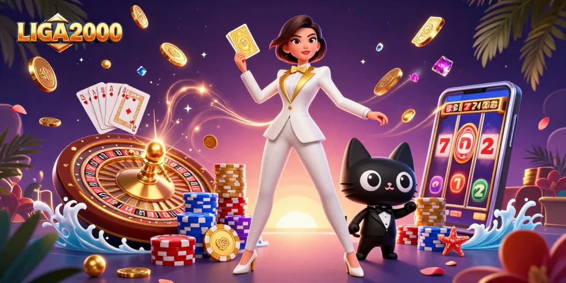 Rasakan kemenangan besar dengan LIGA2000 melalui gambar cerah permainan slot online dan elemen kasino yang sedang tren.