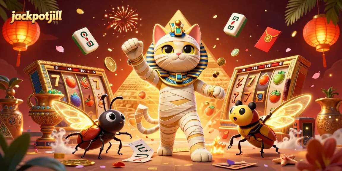 Experience thrilling jackpots with jackpotjill's vibrant casino scene featuring a mummy cat.