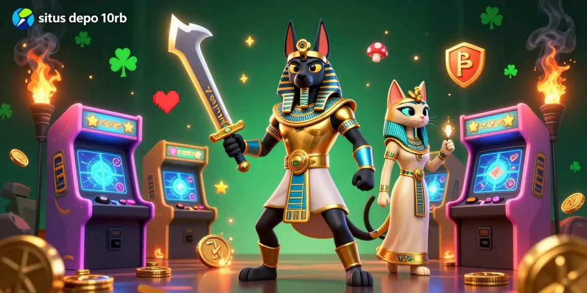 Play 3D games at situs depo 10rb featuring Anubis with Bastet amidst vibrant casino elements.