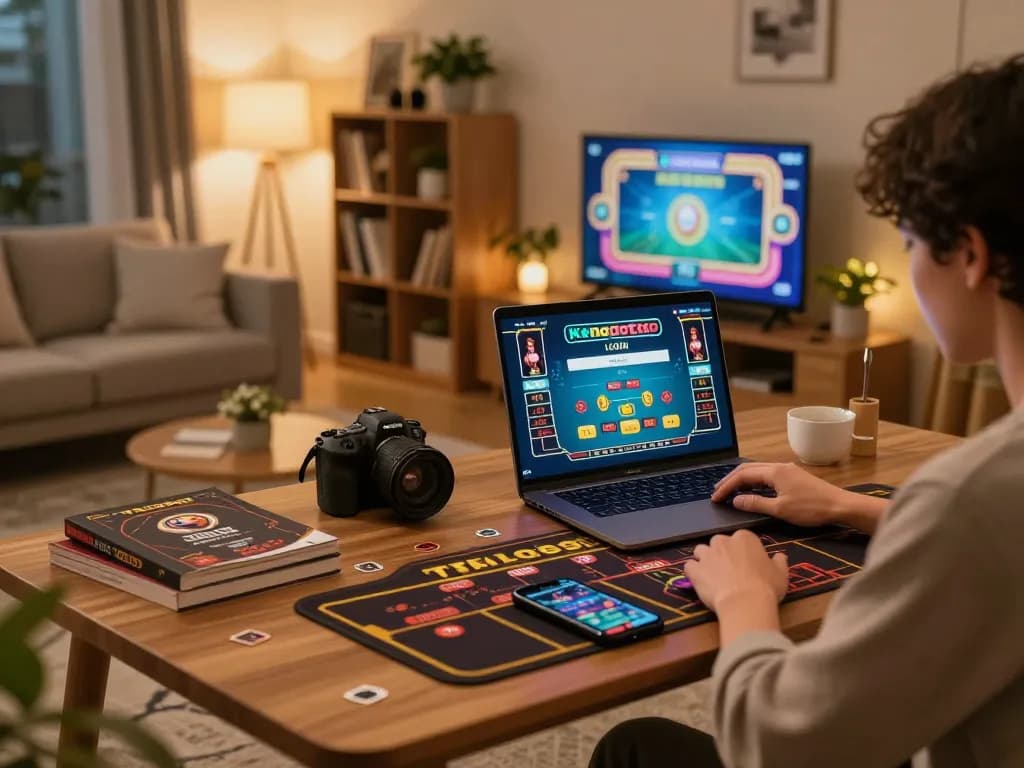 Terlibat dalam login kenzototo untuk perjudian online dengan permainan dealer langsung di laptop dalam pengaturan rumah yang nyaman.