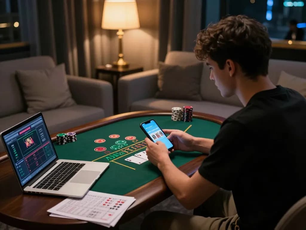 Player strategizing in an online blackjack game on Hi88 from a cozy home setting, emphasizing responsible gaming.