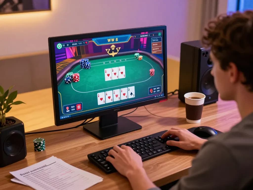 RR88 player engaged in an exciting online poker game, showcasing strategy and skill at home