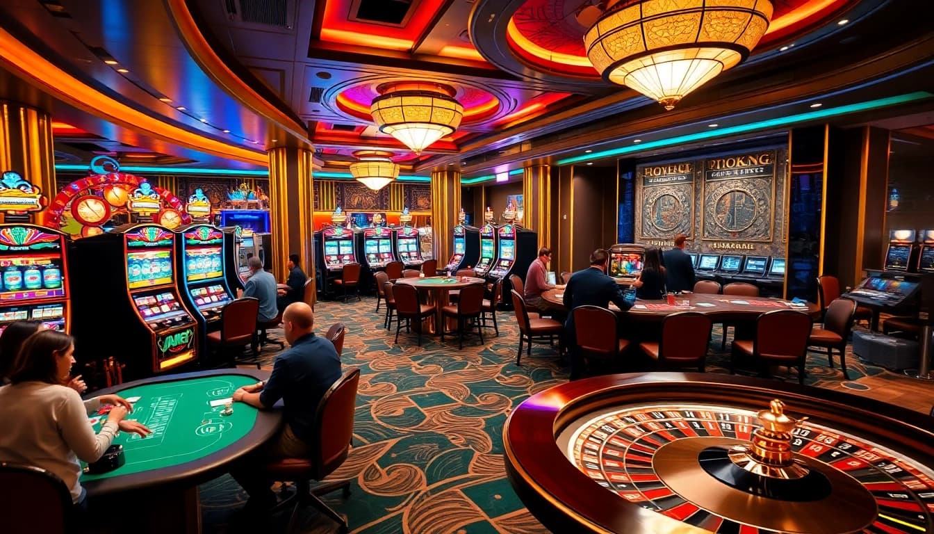 Engaging players at bro138 enjoy vibrant slot machines and roulette in a luxurious casino atmosphere.