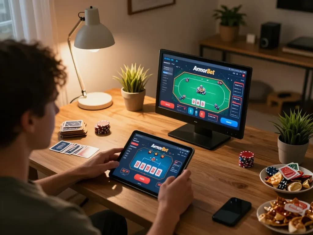 Pemain yang terlibat menikmati permainan poker ArmorBet di tablet, dengan pengaturan rumah yang nyaman dilengkapi makanan ringan dan kartu.