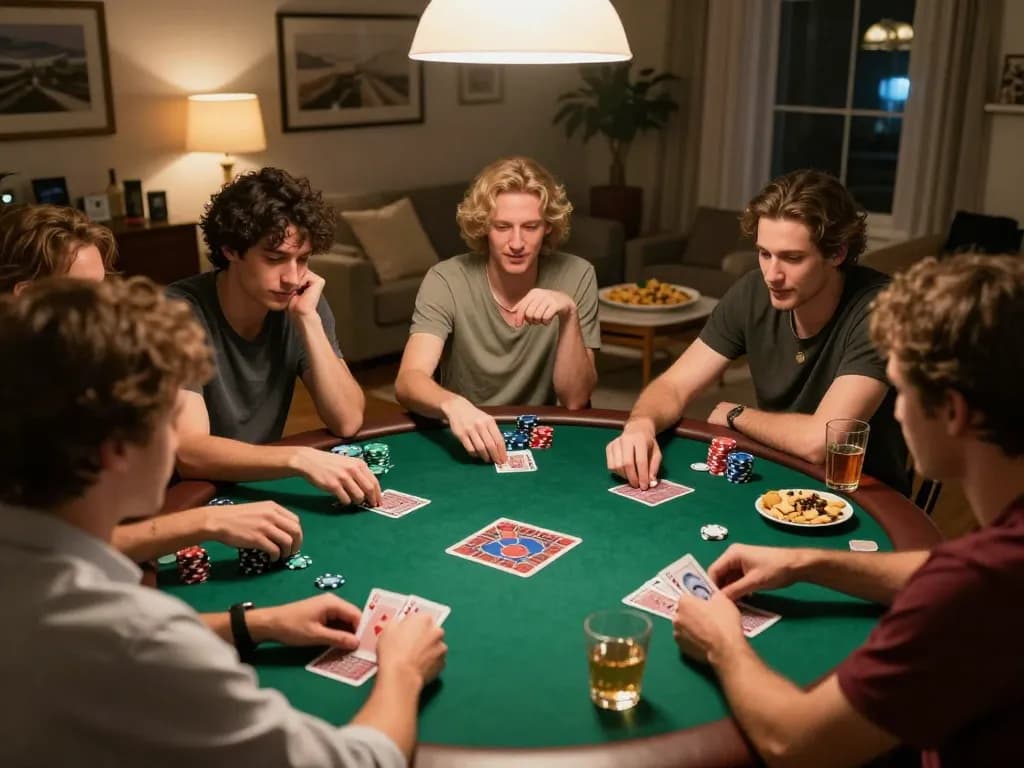 Engaged players enjoying a poker night while using Qh88 đăng nhập to connect for online gaming.