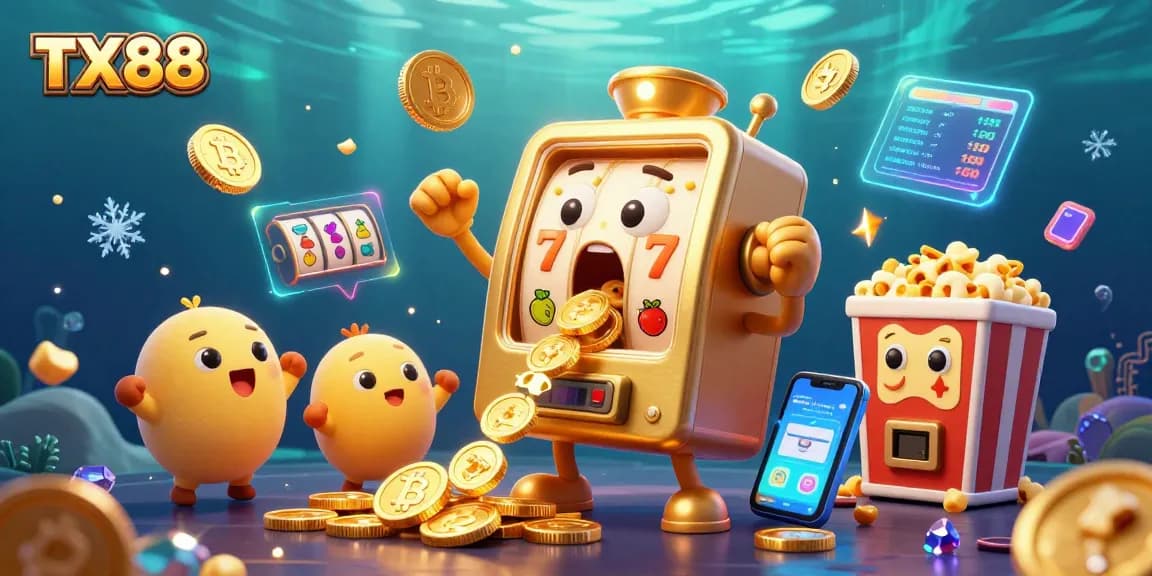 Engage with TX88 online gaming thrills featuring a golden slot machine in action.