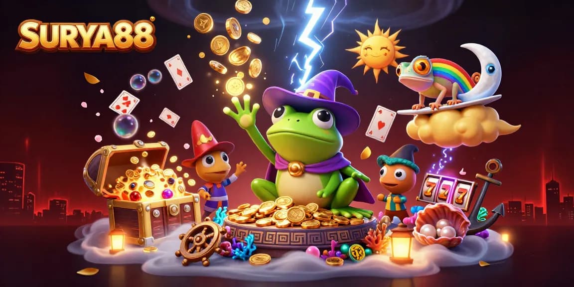 SURYA88 brings luck as a whimsical cartoon frog wizard conjures coins amidst vibrant gaming elements.
