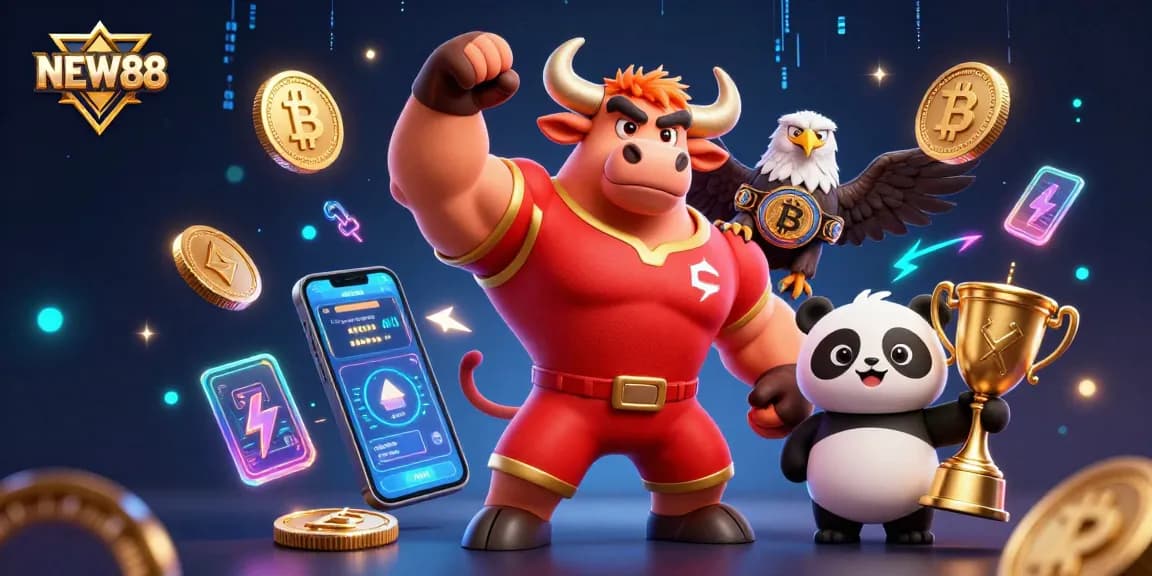 Engage in winning strategies at NEW88 with vibrant casino elements and cartoon mascots.