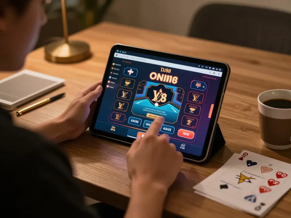 Engaging online gaming moment with LV88 app on tablet in cozy home setting.