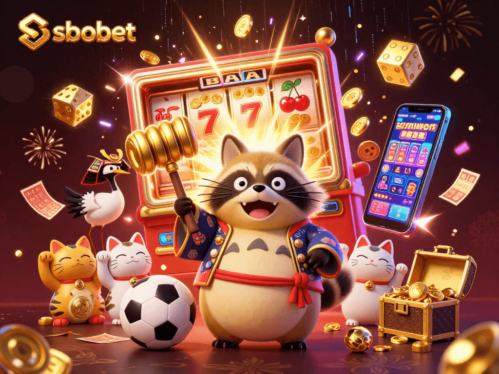 SBOBET features a playful tanuki and crane surrounded by colorful casino elements celebrating 2026 World Cup betting.