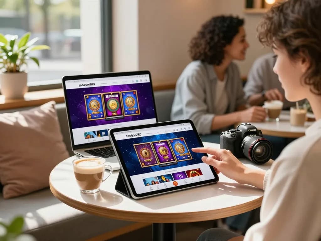 Suasana e-commerce yang menarik dengan pengguna menjelajahi slot online laoban188 di sebuah kafe.