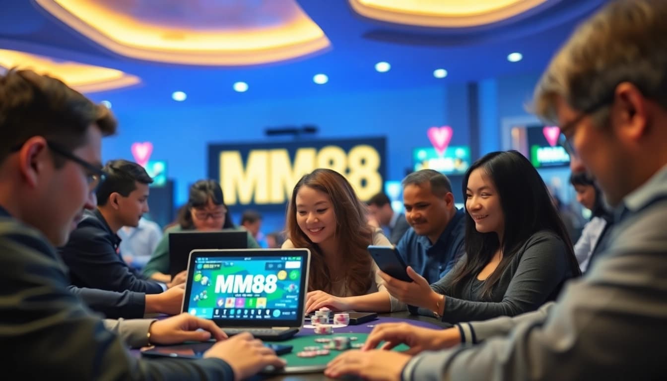 MM88 online gambling players enjoying diverse gaming experiences, showcasing excitement and trust.