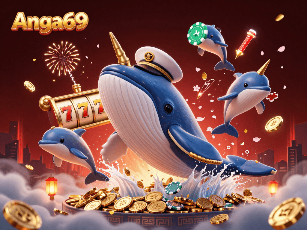 Play and win at Angka69 with exciting casino-themed 3D scene featuring vibrant characters.