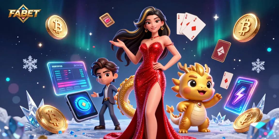Experience thrilling gaming at FABET with floating cards, crypto elements, and an elegant lady welcoming you.