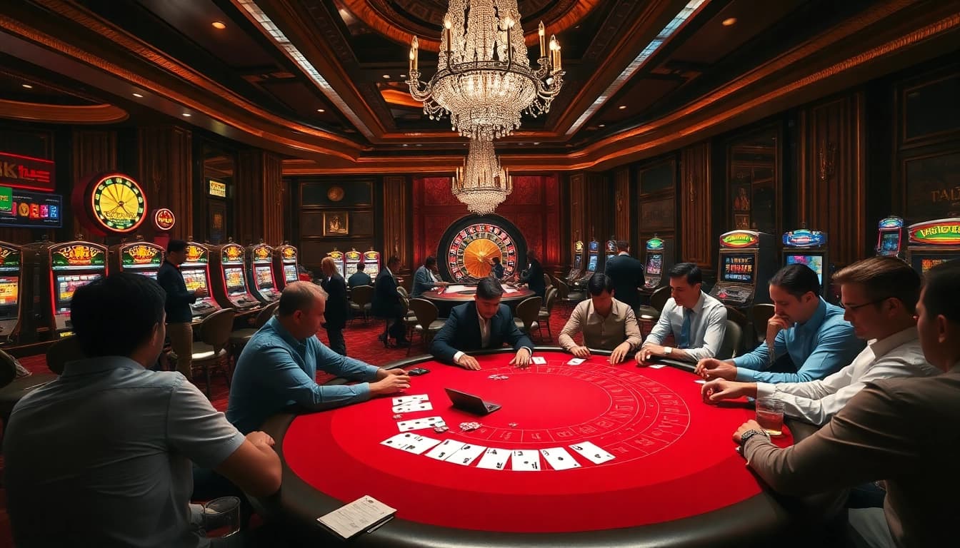 Okking poker players engaged in a thrilling casino atmosphere with roulette and slot machines.
