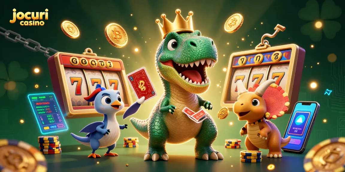 Joacă jocuri casino cu un dinozaur prietenos și asistenți în această ilustrație 3D captivantă.