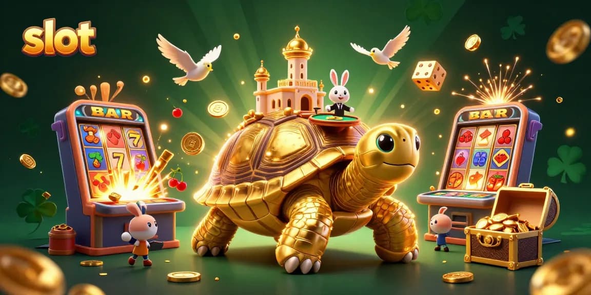 Experience exciting slot action with a golden tortoise casino scene and vibrant characters.