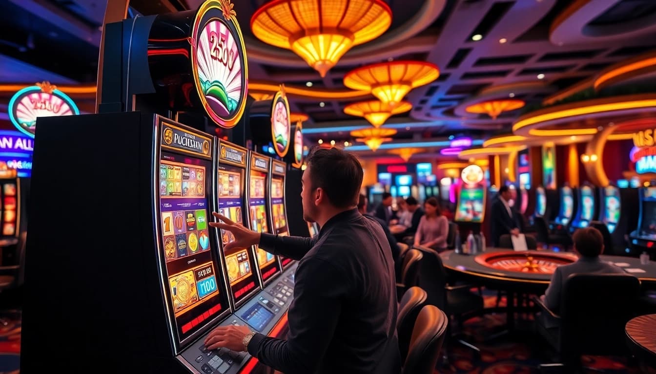 Exciting player spinning slot machine reels in a vibrant casino atmosphere.