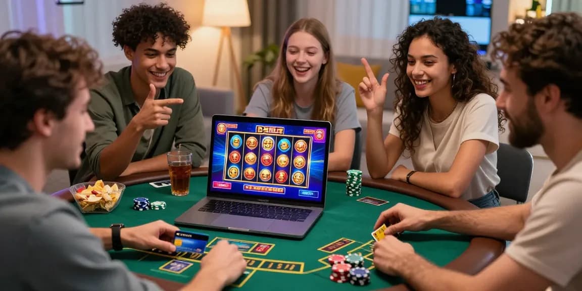 Exciting scene of friends engaging with credit card casinos at https://crownwoods.org.uk, showcasing vibrant gaming graphics and joyful interactions.