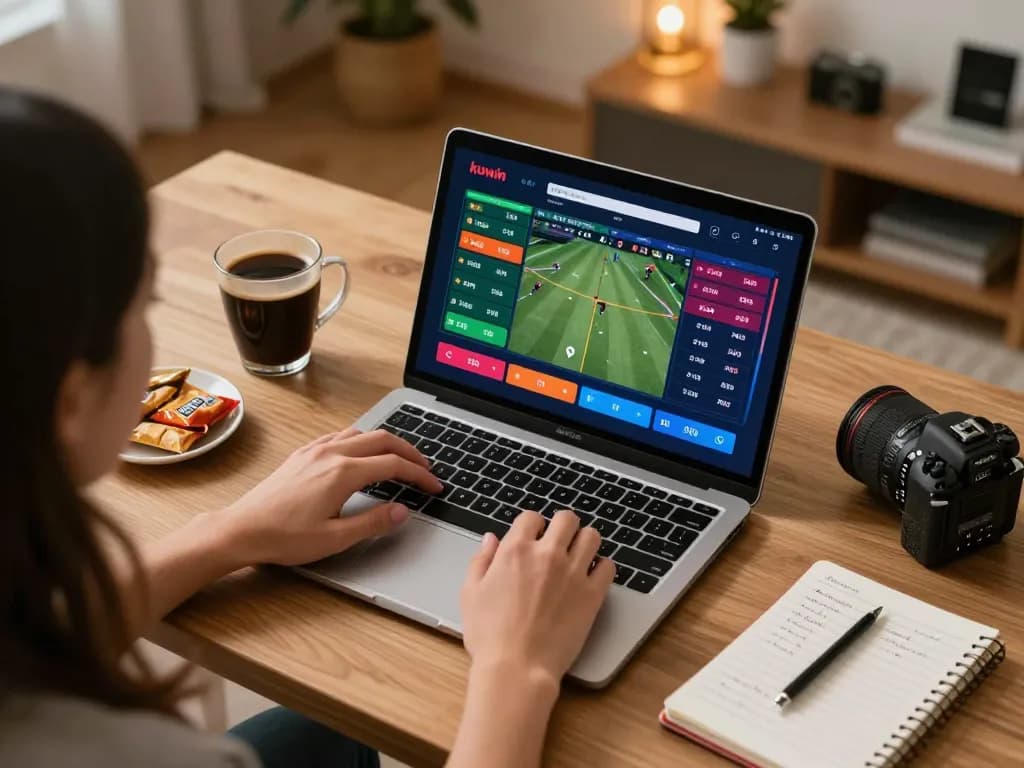 The kuwin platform showcased with a person placing bets on sports in a stylish home office, emphasizing responsible gambling.