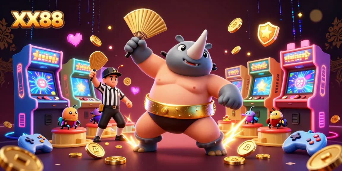 Engage with the thrilling world of XX88 as a rhinoceros beetle champion sends coins flying in a spectacular casino scene.