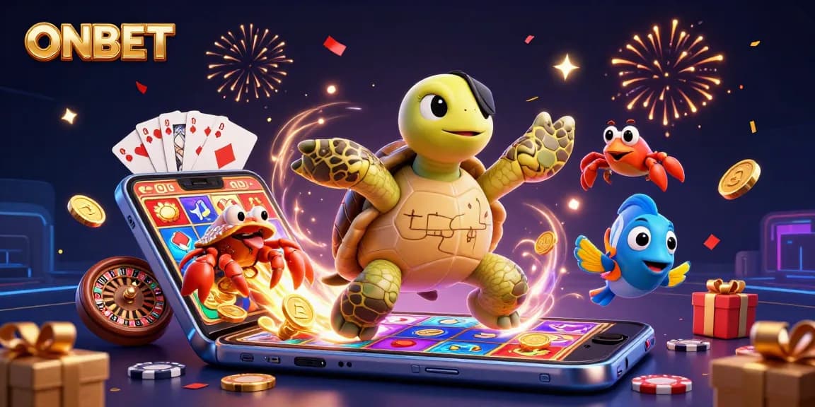 Engage with ONBET's exciting slot games featuring a vibrant 3D pirate-themed casino illustration.