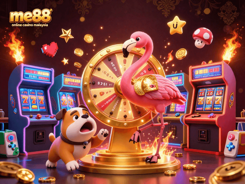 Exciting scene showcasing me88 online casino Malaysia with vibrant characters, slot elements, and casino atmosphere.
