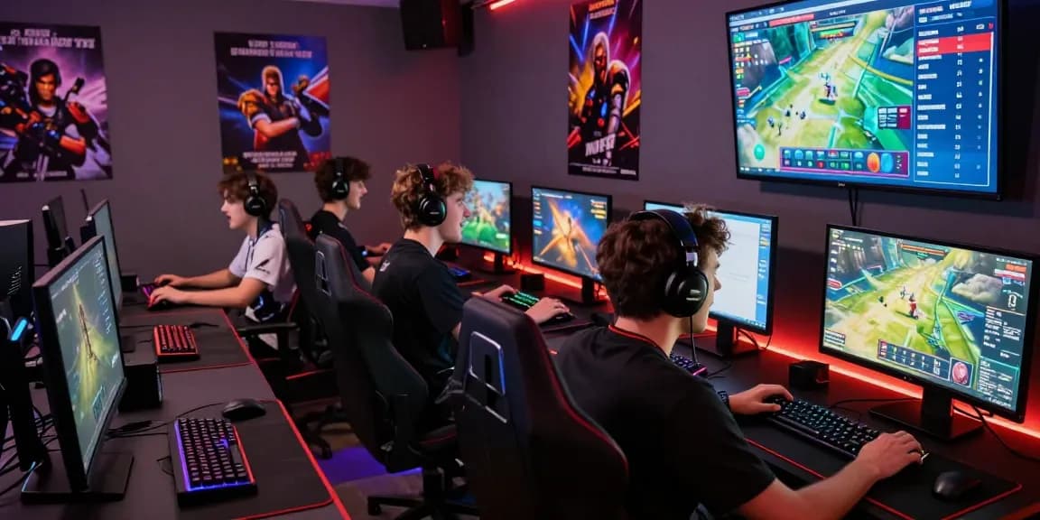 Exciting pajaktoto gaming scene with players focused on screens and vibrant atmosphere.
