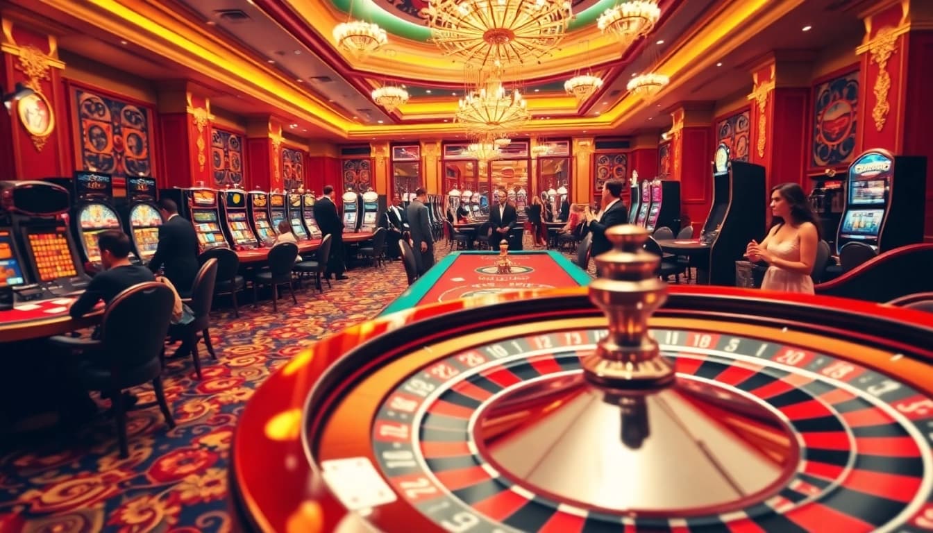 Casual and experienced gamblers enjoying games at BEM88 casino tables and slot machines.