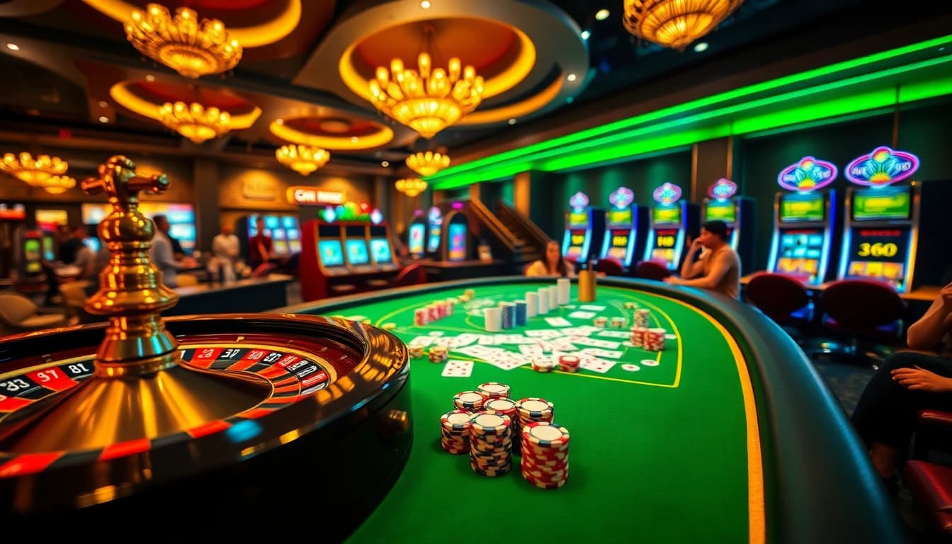 Exciting online gambling scene showcasing xn88 xn 88 with roulette wheel and slot machines.