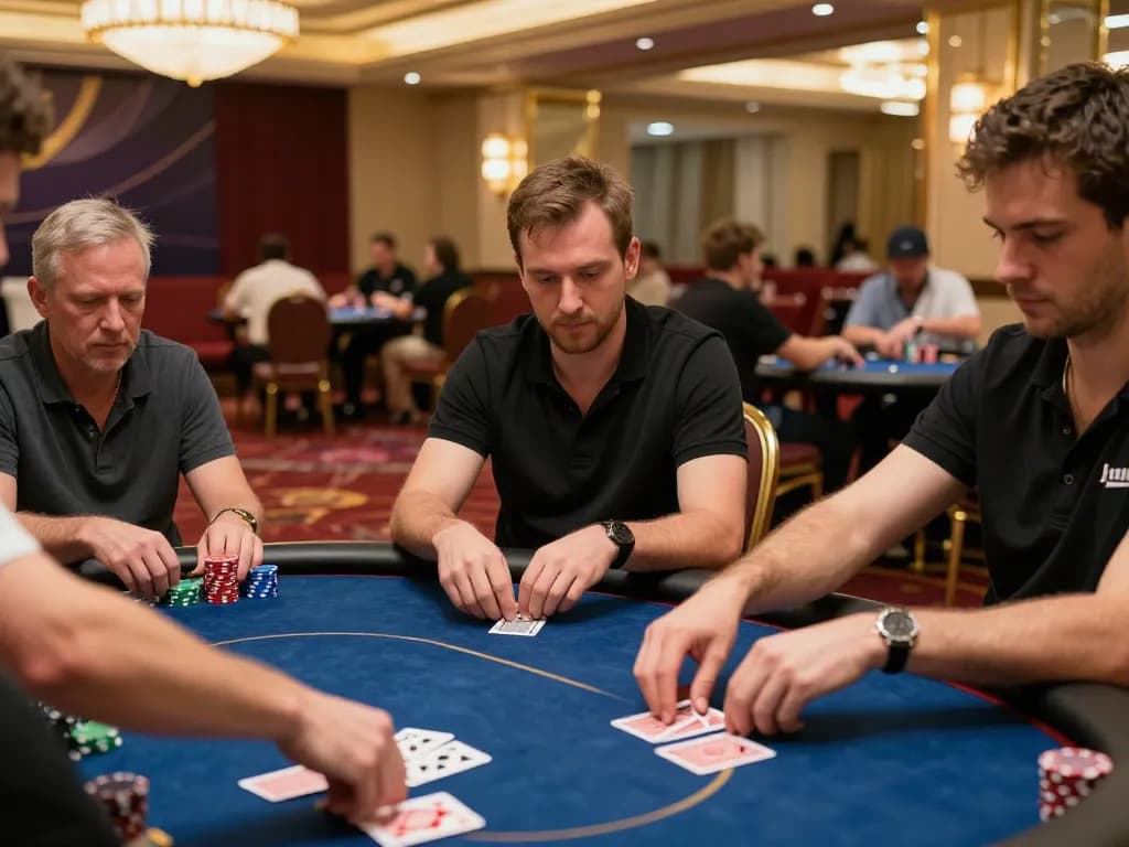 Players engaged in high-stakes poker game at AF88 win, showcasing strategy and professional gameplay in luxury casino setting.
