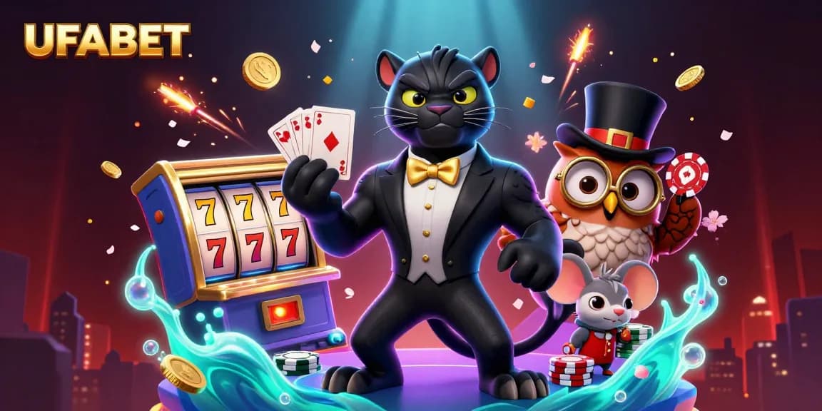 Experience thrilling gameplay at UFABET with a dynamic scene featuring a black panther dealer and lucky gaming elements.