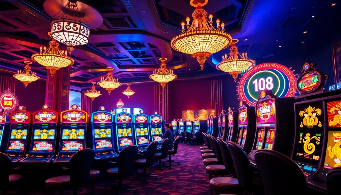 Play exciting slot 88 games in a luxury casino setting filled with vibrant slot machines and lively players.