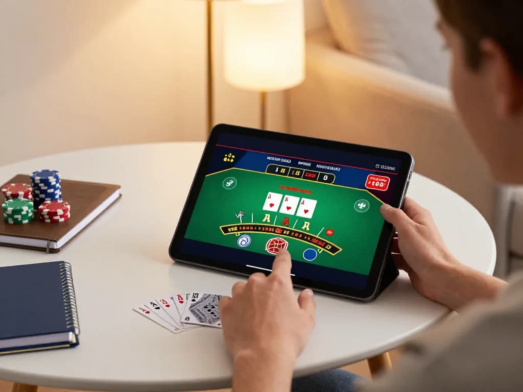Person engaging with online blackjack at casinoatlas-themed home gaming setup.