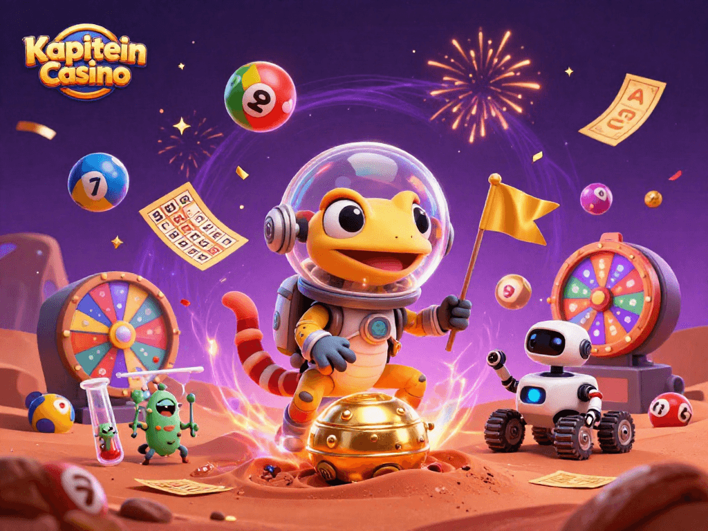 Kapitein Casino menghadirkan permainan lotere seru di latar belakang Kasino emas.
