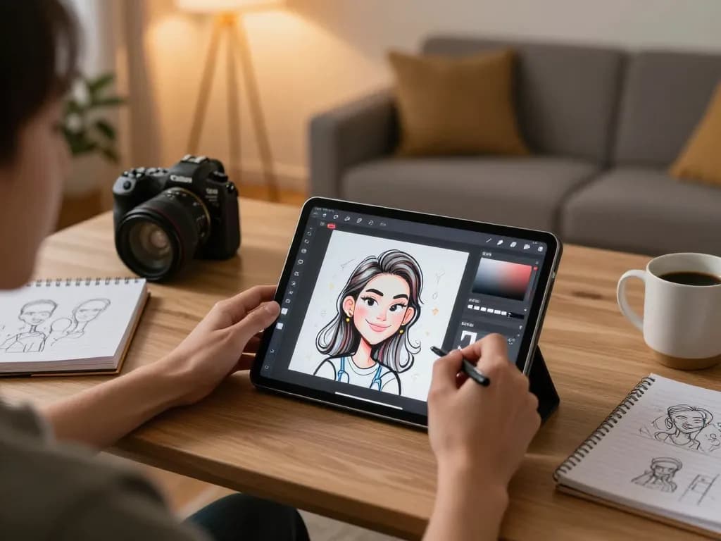 Create a Caricature with a user engaged in artistic caricature design on a tablet at home