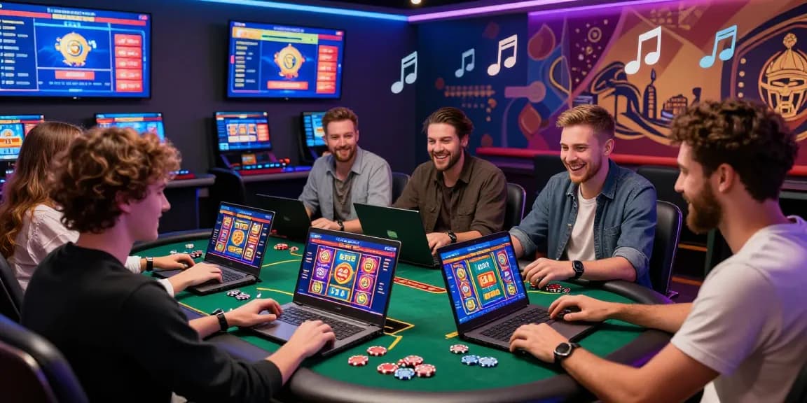 Players enjoying new UK casino sites at modern gaming stations, engaging with slot games and promotions.